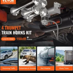 VEVOR Train Horns Kit, 4 Trumpet Air Horn Kit, 150dB Train Horns for Pickup Trucks, 12V 160 psi Air Compressor 2.6 Gal/10 L Tank with Gauge for Any 12V Vehicle Car Truck Train Van Boat