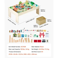 VEVOR Train Table, 120 Multicolor Pieces Wooden Kids Activity Table with Collapsible Storage Bin, 3-in-1 Wooden Train Set for Gaming, Drawing, Reading, Eating, Creative Toy Set for Kids Ages 3+