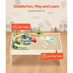VEVOR Train Table, 84 Multicolor Pieces Wooden Kids Activity Table with Collapsible Storage Bin, 3-in-1 Wooden Train Set for Gaming, Drawing, Reading, Eating, Creative Toy Set for Kids Ages 3+