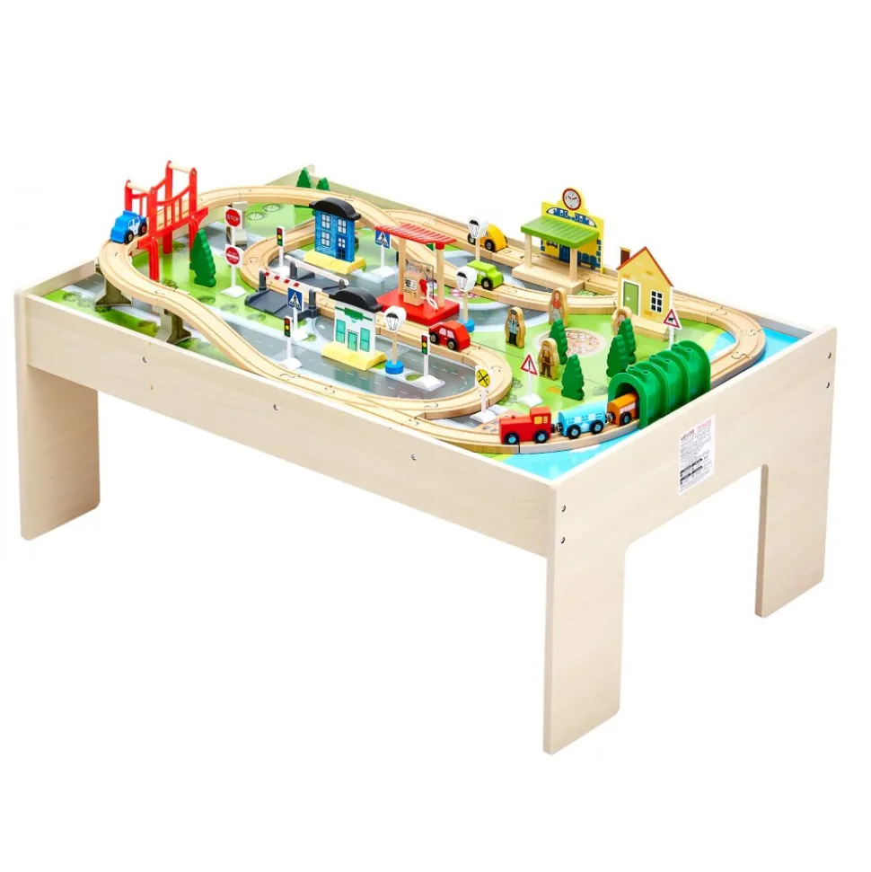 VEVOR Train Table, 84 Multicolor Pieces Wooden Kids Activity Table with Collapsible Storage Bin, 3-in-1 Wooden Train Set for Gaming, Drawing, Reading, Eating, Creative Toy Set for Kids Ages 3+