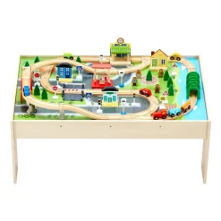 VEVOR Train Table, 84 Multicolor Pieces Wooden Kids Activity Table with Collapsible Storage Bin, 3-in-1 Wooden Train Set for Gaming, Drawing, Reading, Eating, Creative Toy Set for Kids Ages 3+