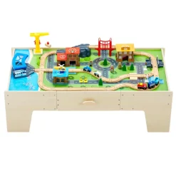 VEVOR Train Table, 62 Multicolor Pieces Wooden Kids Activity Table with Large Storage Drawer, 3-in-1 Wooden Train Set for Playing, Drawing, Reading, Eating, Creative Toy Set for Kids Ages 3+