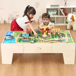 VEVOR Train Table, 62 Multicolor Pieces Wooden Kids Activity Table with Large Storage Drawer, 3-in-1 Wooden Train Set for Playing, Drawing, Reading, Eating, Creative Toy Set for Kids Ages 3+