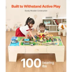 VEVOR Train Table, 62 Multicolor Pieces Wooden Kids Activity Table with Large Storage Drawer, 3-in-1 Wooden Train Set for Playing, Drawing, Reading, Eating, Creative Toy Set for Kids Ages 3+