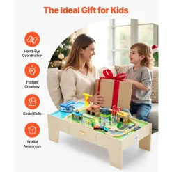 VEVOR Train Table, 62 Multicolor Pieces Wooden Kids Activity Table with Large Storage Drawer, 3-in-1 Wooden Train Set for Playing, Drawing, Reading, Eating, Creative Toy Set for Kids Ages 3+