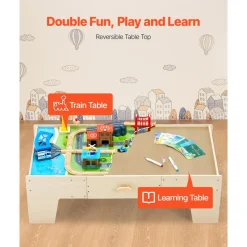 VEVOR Train Table, 62 Multicolor Pieces Wooden Kids Activity Table with Large Storage Drawer, 3-in-1 Wooden Train Set for Playing, Drawing, Reading, Eating, Creative Toy Set for Kids Ages 3+