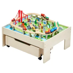 VEVOR Train Table, 100 Multicolor Pieces Wooden Kids Activity Table with Rolling Storage Drawer, 3-in-1 Wooden Train Set for Gaming, Drawing, Reading, Eating, Creative Toy Set for Kids Ages 3+