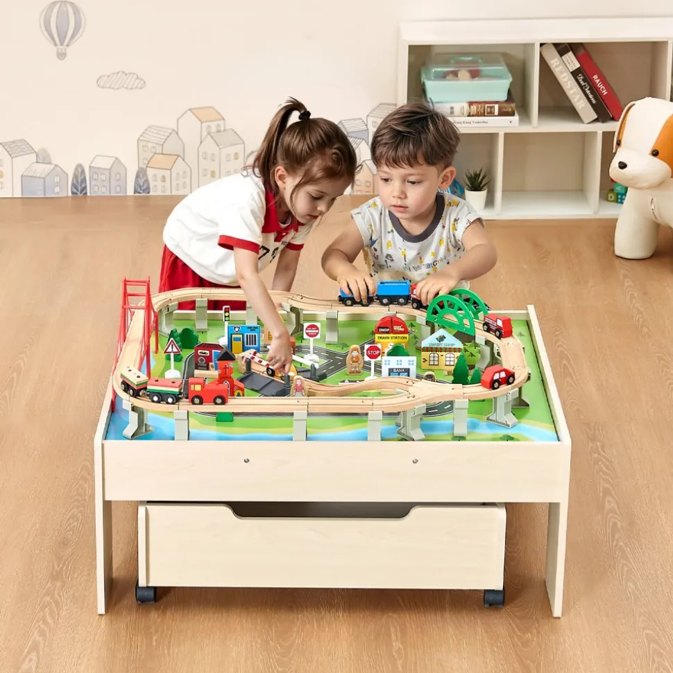 VEVOR Train Table, 100 Multicolor Pieces Wooden Kids Activity Table with Rolling Storage Drawer, 3-in-1 Wooden Train Set for Gaming, Drawing, Reading, Eating, Creative Toy Set for Kids Ages 3+