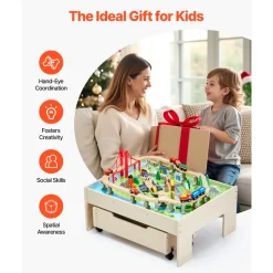 VEVOR Train Table, 100 Multicolor Pieces Wooden Kids Activity Table with Rolling Storage Drawer, 3-in-1 Wooden Train Set for Gaming, Drawing, Reading, Eating, Creative Toy Set for Kids Ages 3+