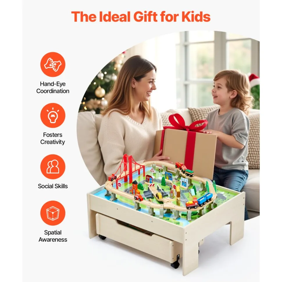 VEVOR Train Table, 100 Multicolor Pieces Wooden Kids Activity Table with Rolling Storage Drawer, 3-in-1 Wooden Train Set for Gaming, Drawing, Reading, Eating, Creative Toy Set for Kids Ages 3+