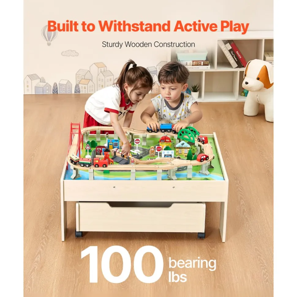 VEVOR Train Table, 100 Multicolor Pieces Wooden Kids Activity Table with Rolling Storage Drawer, 3-in-1 Wooden Train Set for Gaming, Drawing, Reading, Eating, Creative Toy Set for Kids Ages 3+