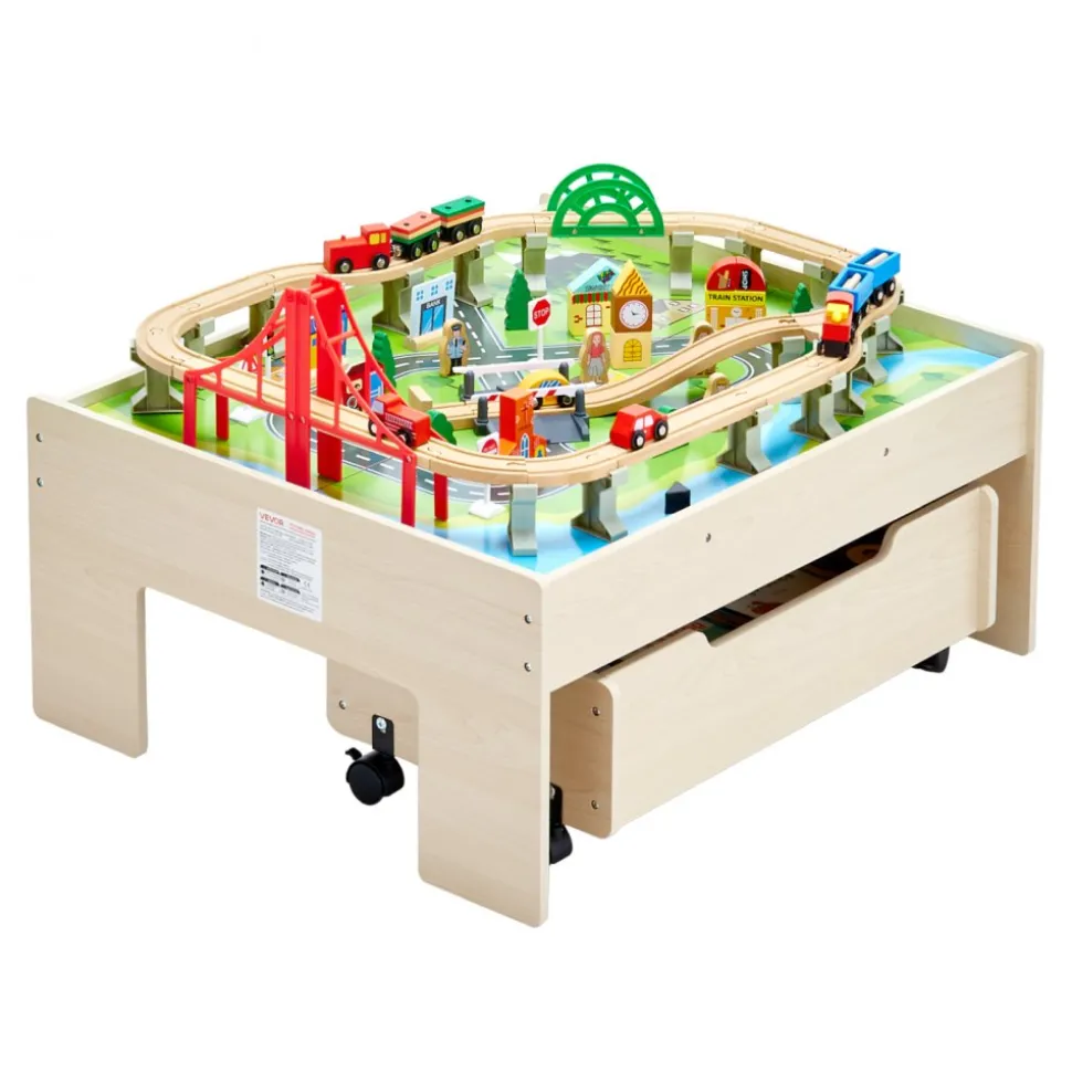 VEVOR Train Table, 100 Multicolor Pieces Wooden Kids Activity Table with Rolling Storage Drawer, 3-in-1 Wooden Train Set for Gaming, Drawing, Reading, Eating, Creative Toy Set for Kids Ages 3+