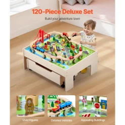 VEVOR Train Table, 100 Multicolor Pieces Wooden Kids Activity Table with Rolling Storage Drawer, 3-in-1 Wooden Train Set for Gaming, Drawing, Reading, Eating, Creative Toy Set for Kids Ages 3+