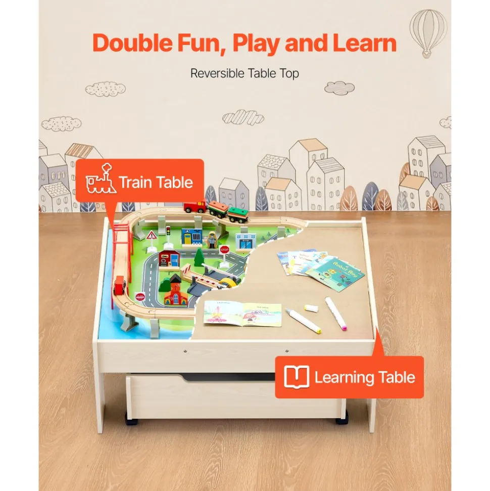 VEVOR Train Table, 100 Multicolor Pieces Wooden Kids Activity Table with Rolling Storage Drawer, 3-in-1 Wooden Train Set for Gaming, Drawing, Reading, Eating, Creative Toy Set for Kids Ages 3+