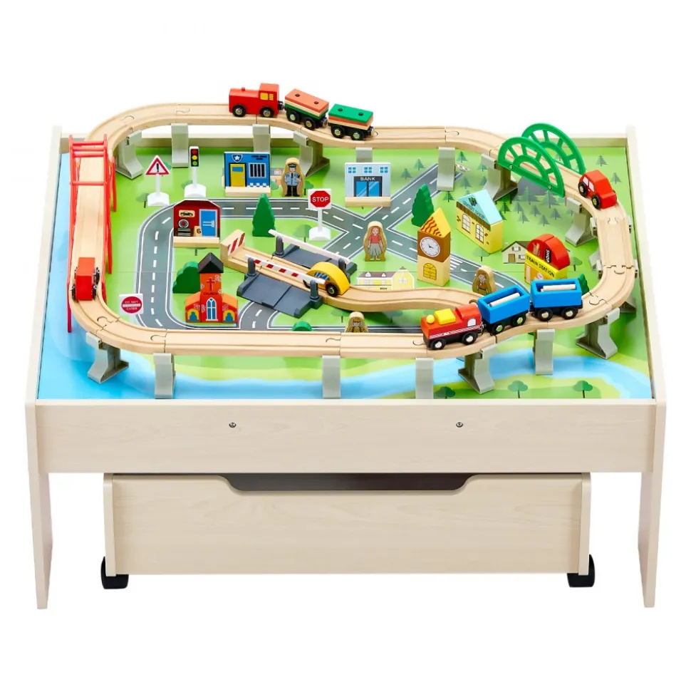 VEVOR Train Table, 100 Multicolor Pieces Wooden Kids Activity Table with Rolling Storage Drawer, 3-in-1 Wooden Train Set for Gaming, Drawing, Reading, Eating, Creative Toy Set for Kids Ages 3+