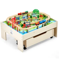VEVOR Train Table, 100 Multicolor Pieces Wooden Kids Activity Table with Rolling Storage Drawer, 3-in-1 Wooden Train Set for Gaming, Drawing, Reading, Eating, Creative Toy Set for Kids Ages 3+