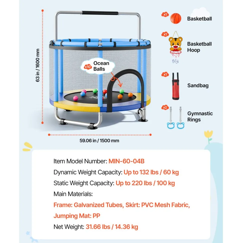 VEVOR 60" Trampoline for Kids, 5 FT Toddler Mini Trampoline, 132 lbs Indoor Outdoor Play Toys with Enclosure Net and Adjustable Gymnastics Bar, Christmas Toys Birthday Gifts for Girls Boys