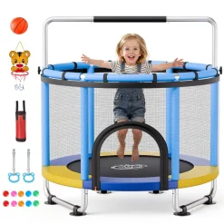 VEVOR 60" Trampoline for Kids, 5 FT Toddler Mini Trampoline, 132 lbs Indoor Outdoor Play Toys with Enclosure Net and Adjustable Gymnastics Bar, Christmas Toys Birthday Gifts for Girls Boys