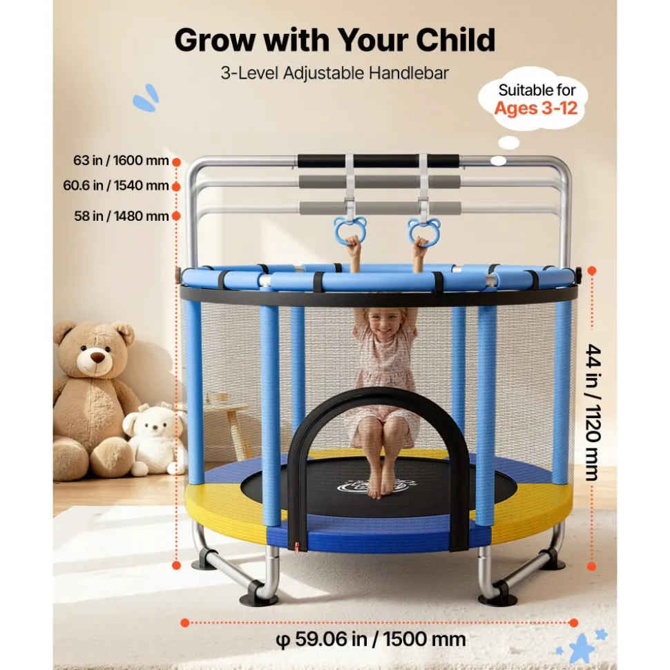 VEVOR 60" Trampoline for Kids, 5 FT Toddler Mini Trampoline, 132 lbs Indoor Outdoor Play Toys with Enclosure Net and Adjustable Gymnastics Bar, Christmas Toys Birthday Gifts for Girls Boys