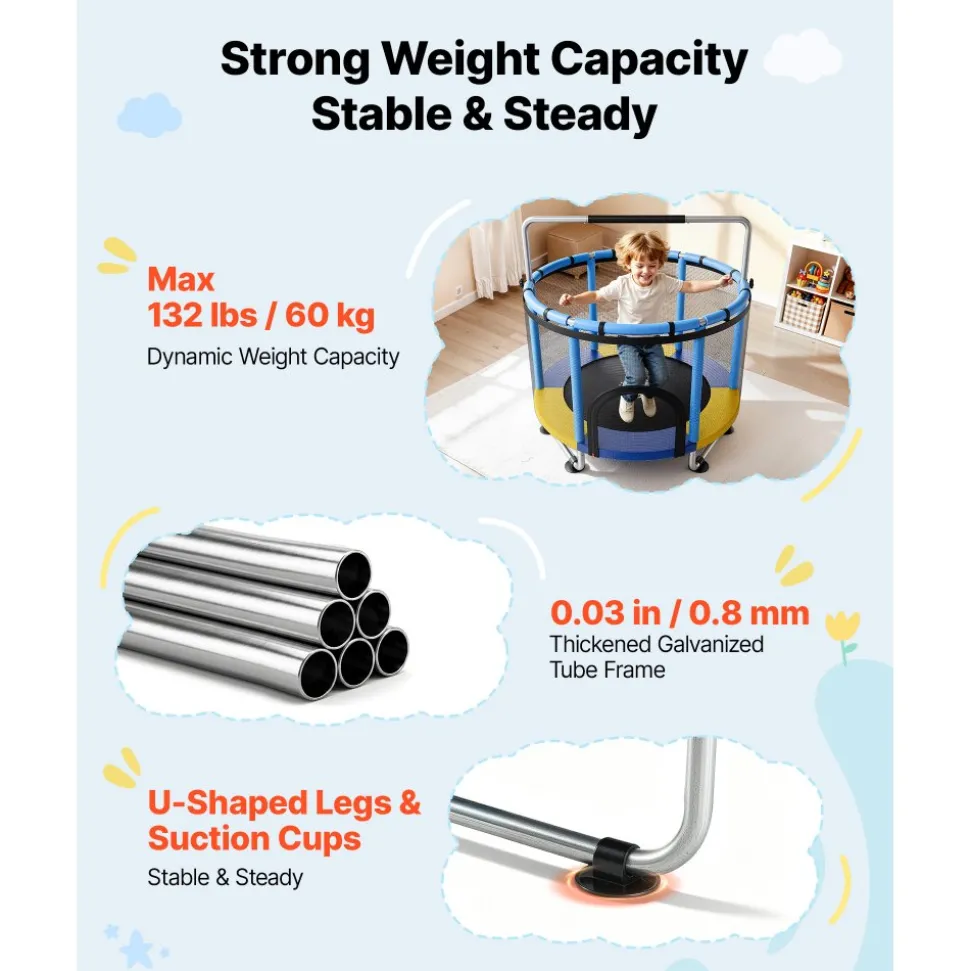VEVOR 60" Trampoline for Kids, 5 FT Toddler Mini Trampoline, 132 lbs Indoor Outdoor Play Toys with Enclosure Net and Adjustable Gymnastics Bar, Christmas Toys Birthday Gifts for Girls Boys
