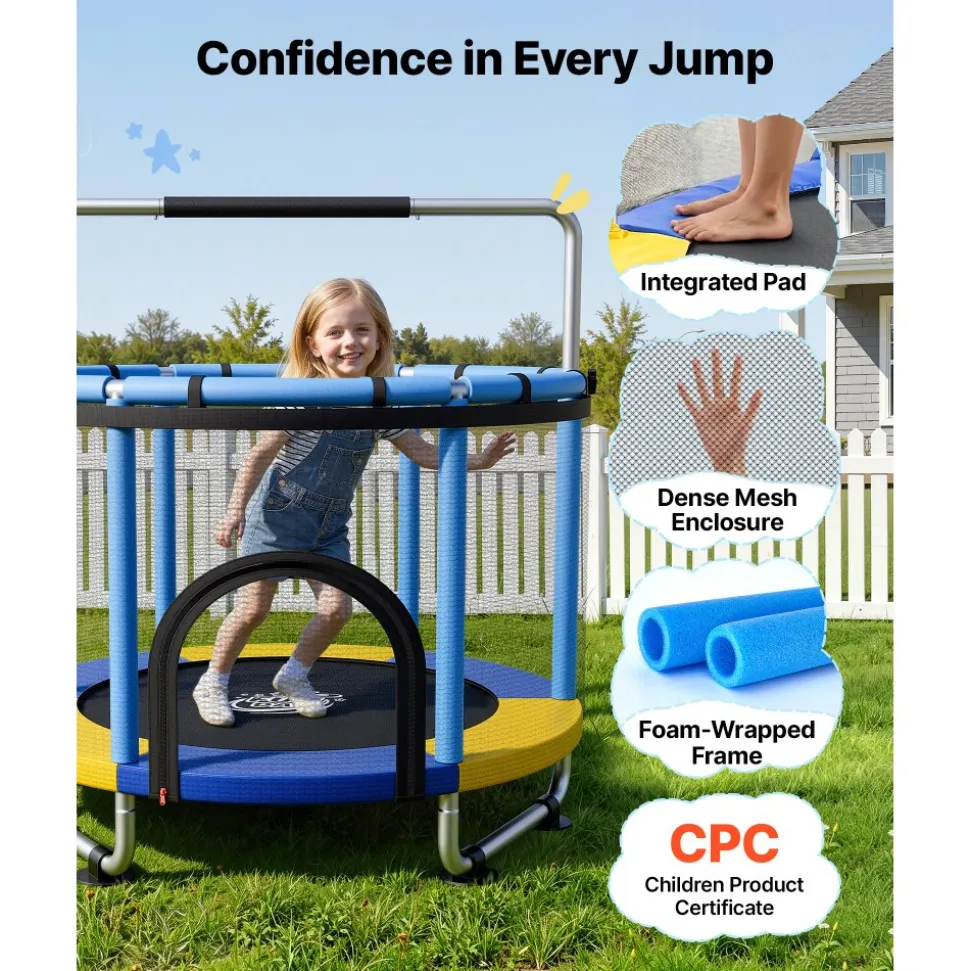 VEVOR 60" Trampoline for Kids, 5 FT Toddler Mini Trampoline, 132 lbs Indoor Outdoor Play Toys with Enclosure Net and Adjustable Gymnastics Bar, Christmas Toys Birthday Gifts for Girls Boys