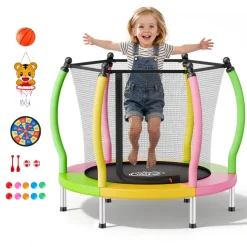VEVOR Trampoline for Kids, Toddler Mini Trampoline, 132 lbs Capacity Indoor Outdoor Play Toys with Enclosure Net and Basketball Hoop, Easy to Assemble, Christmas Toys Birthday Gifts for Girls Boys