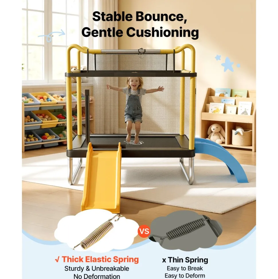 VEVOR Trampoline for Kids, Toddler Mini Trampoline, 132 lbs Capacity Indoor Outdoor Play Toys with Enclosure Net, Slide, and Ring, Easy to Assemble, Christmas Toys Birthday Gifts for Girls Boys