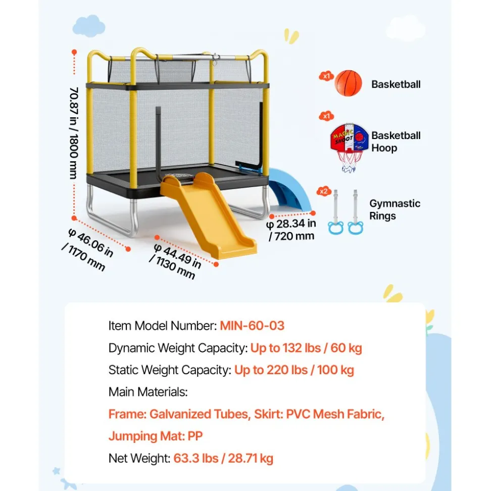 VEVOR Trampoline for Kids, Toddler Mini Trampoline, 132 lbs Capacity Indoor Outdoor Play Toys with Enclosure Net, Slide, and Ring, Easy to Assemble, Christmas Toys Birthday Gifts for Girls Boys