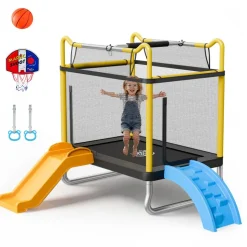 VEVOR Trampoline for Kids, Toddler Mini Trampoline, 132 lbs Capacity Indoor Outdoor Play Toys with Enclosure Net, Slide, and Ring, Easy to Assemble, Christmas Toys Birthday Gifts for Girls Boys