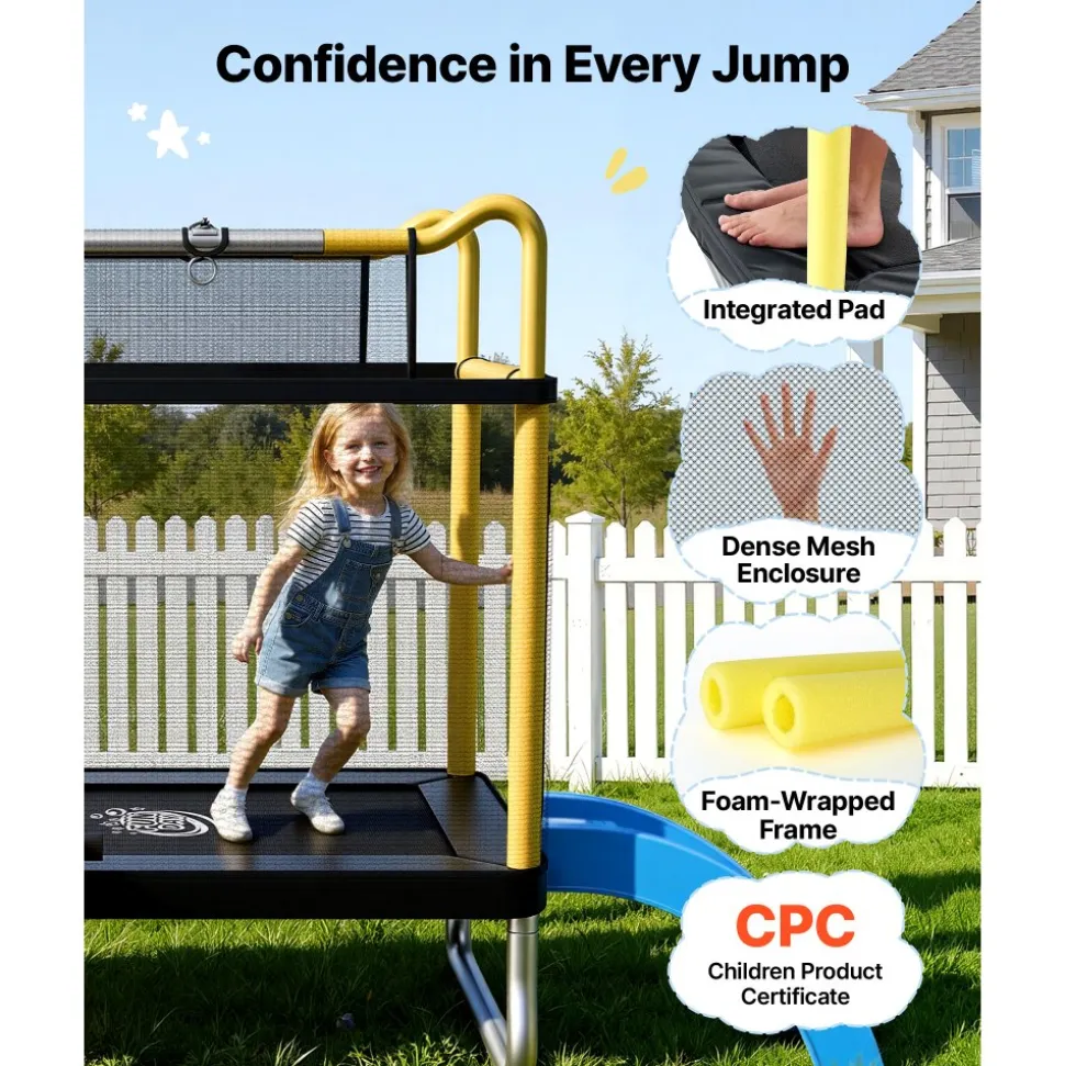 VEVOR Trampoline for Kids, Toddler Mini Trampoline, 132 lbs Capacity Indoor Outdoor Play Toys with Enclosure Net, Slide, and Ring, Easy to Assemble, Christmas Toys Birthday Gifts for Girls Boys