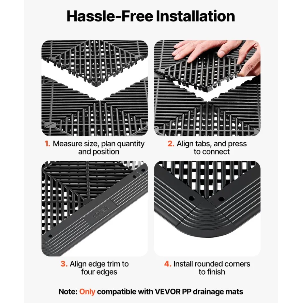 VEVOR Transition Edge Kit, 11-Piece, Durable Straight Garage Floor Edging, PP Material, Easy Installation, Edge Protection for Wet Area Restaurant Pool, Only Compatible with VEVOR Drainage Mats, Black