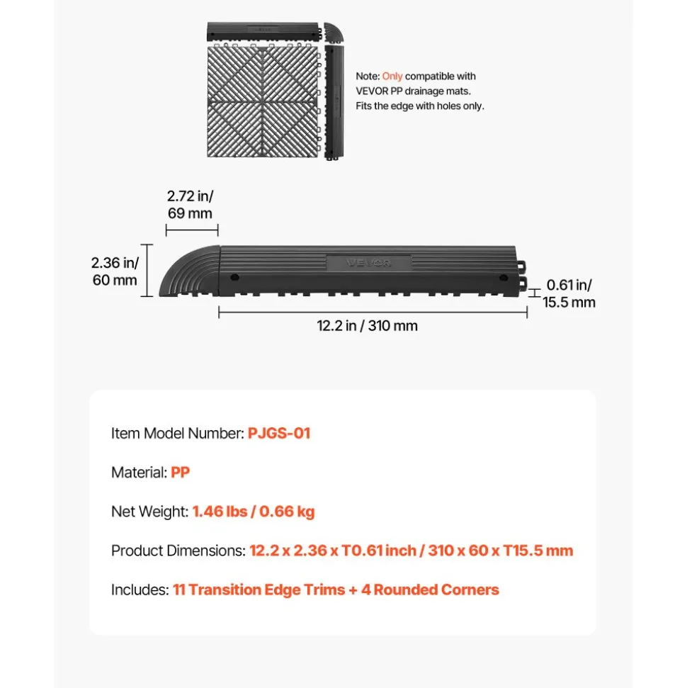 VEVOR Transition Edge Kit, 11-Piece, Durable Straight Garage Floor Edging, PP Material, Easy Installation, Edge Protection for Wet Area Restaurant Pool, Only Compatible with VEVOR Drainage Mats, Black
