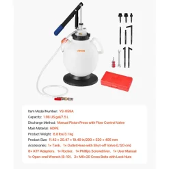 VEVOR Transmission Fluid Pump, 7.5 L Capacity, Manual Fluid Transfer Pump with 8 ATF Adapters & 47 in Outlet Horse, ATF Refill Kit, Oil Extractor Dispenser with HDPE Tank for Cars, Lawn Mowers
