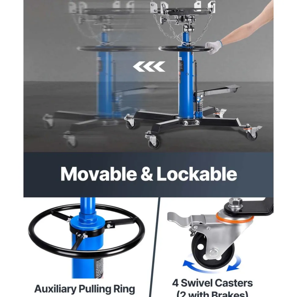 VEVOR Transmission Jack, 33"-67" High Lift, 1100 lbs Hydraulic Telescoping Transmission Jack, 2-Stage Floor Jack Stand 1/2 Ton Capacity with Foot Pedal, 360° Swivel Wheel, Garage/Shop Lift Hoist