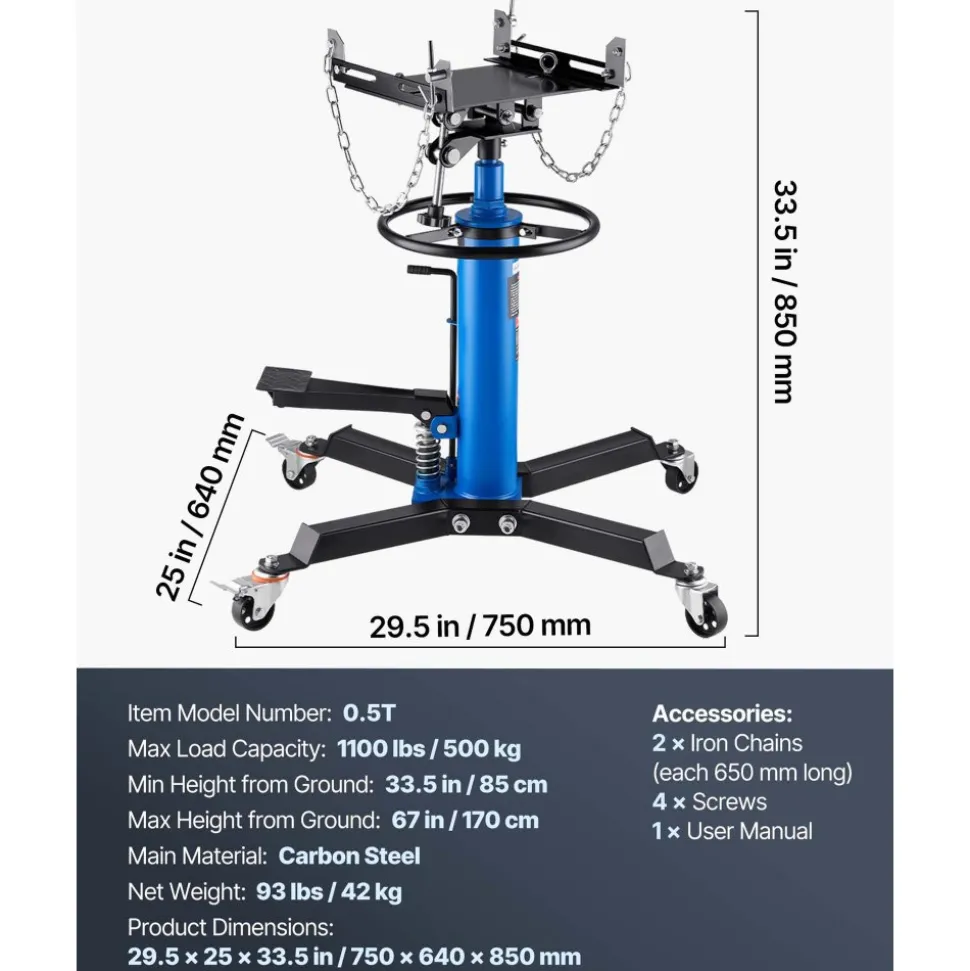 VEVOR Transmission Jack, 33"-67" High Lift, 1100 lbs Hydraulic Telescoping Transmission Jack, 2-Stage Floor Jack Stand 1/2 Ton Capacity with Foot Pedal, 360° Swivel Wheel, Garage/Shop Lift Hoist