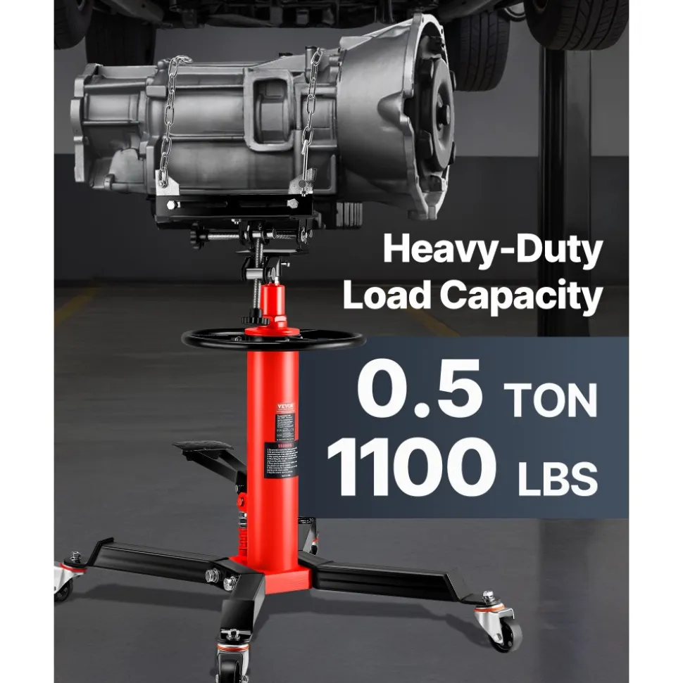 VEVOR Transmission Jack,1/2Ton/1100lbs Capacity Hydraulic Telescopic Transmission Jack, 2-Stage Floor Jack Stand with Foot Pedal, 360° Swivel Wheel, Garage/Shop Lift Hoist, Red