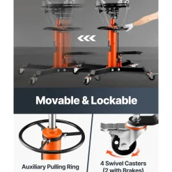 VEVOR Transmission Jack, 1/2Ton/1100lbs Capacity Hydraulic Telescopic Transmission Jack, 2-Stage Floor Jack Stand with Foot Pedal, 360° Swivel Wheel, Garage/ Shop Lift Hoist, Orange