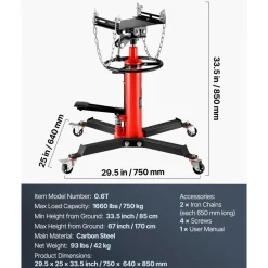 VEVOR Transmission Jack,0.75 Ton/1660 lbs Capacity Hydraulic Telescopic Transmission Jack, 2-Stage Floor Jack Stand with Foot Pedal, 360° Swivel Wheel, Garage/Shop Lift Hoist, Red