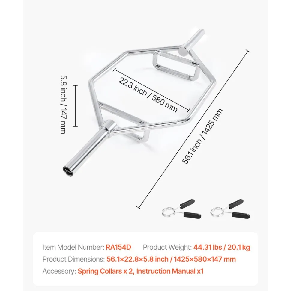 VEVOR Trap Bar Hex Bar, 2-Inch Hex Barbell, 800 LBS Capacity Shrug Bars with Knurled Grips, Weightlifting and Strength Training Equipment, Home Gym for Squats, Deadlifts, Shoulder Presses, Silver