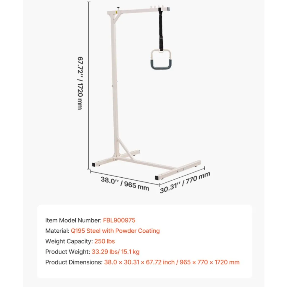 VEVOR Trapeze Bar for Bed Mobility, Heavy-Duty Steel Free Standing Trapeze Bar 250 LBS Weight Capacity, Hospital Bed Pull Up Assist for Elderly & Disabled, Ideal for Hospitals, Nursing Home, Home Care