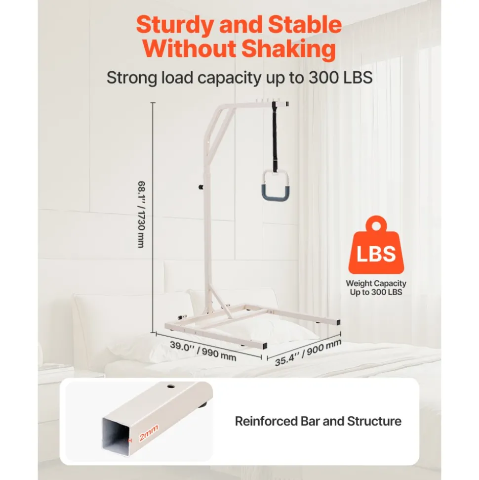 VEVOR Trapeze Bar for Bed Mobility, Height-Adjustable Free Standing Trapeze Bar with 2 Wheels, 300LBS Capacity Bed Pull Up Assist for Elderly Disabled, Ideal for Hospital, Nursing Home & Home Care