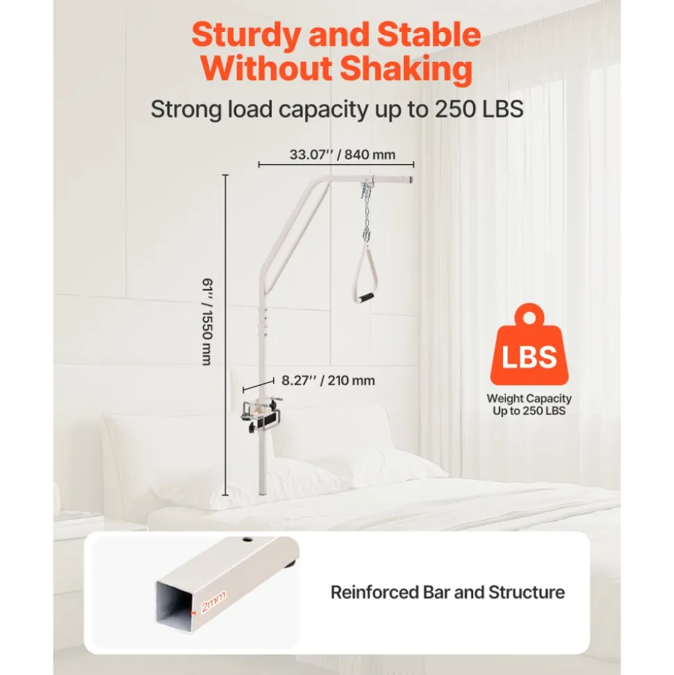 VEVOR Trapeze Bar for Bed Mobility, Medical Bed Trapeze with Clamps & Metal Chain, 250LBS Weight Capacity Bed Pull Up Assist for Elderly & Disabled, Ideal for Home Care, Hospitals, Nursing Homes