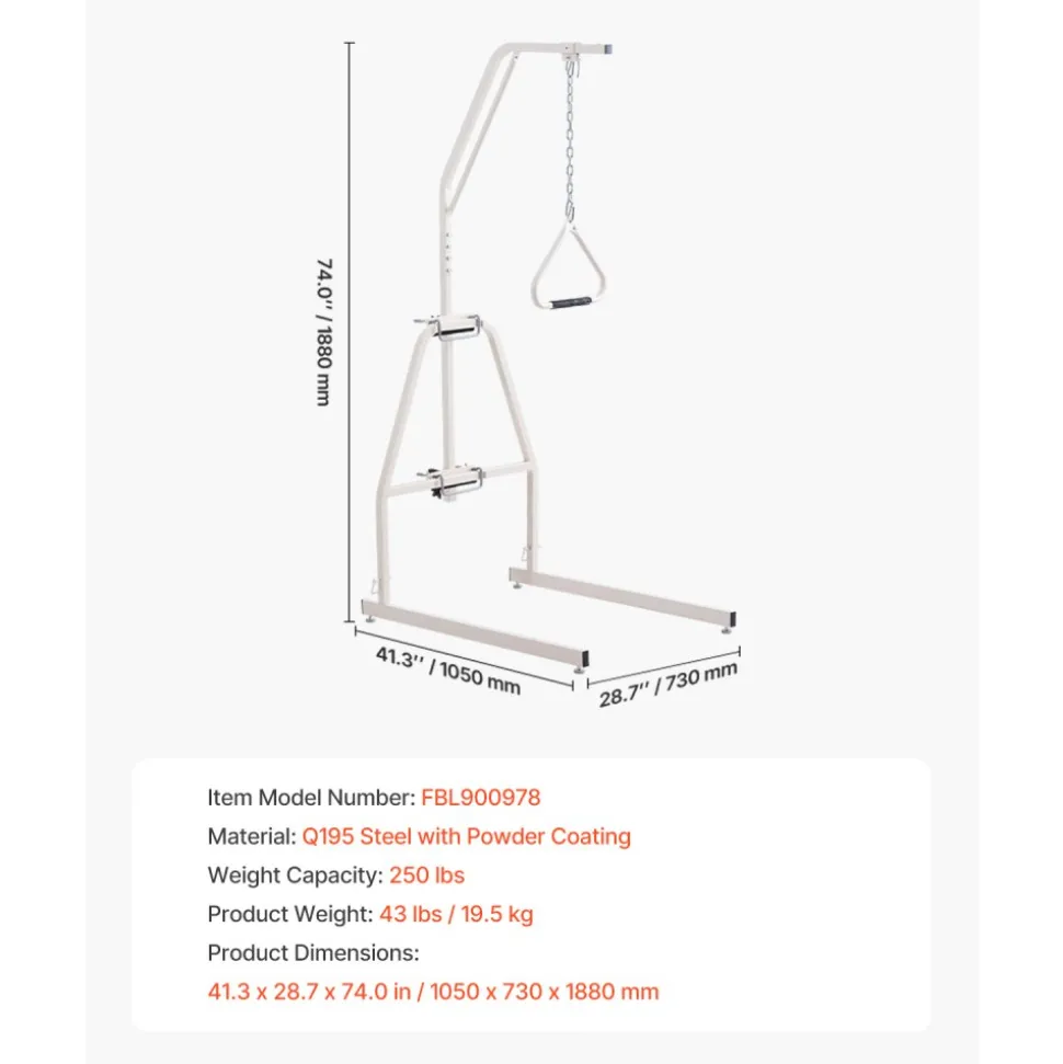 VEVOR Trapeze Bar for Bed Mobility, Bed Trapeze with Clamps and Floor Stand, 250LBS Weight Capacity Bed Pull Up Assist for Elderly, Patients & Disabled, Suitable for Home Care, Hospital, Nursing Home