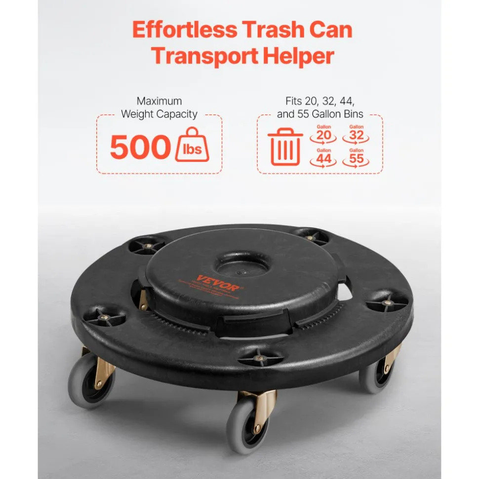 VEVOR Trash Can Dolly, Fit 20, 32, 44, 55 Gallon Containers, Round Trash Can Roller Base with 4 Lockable Wheels, 500lbs Weight Capacity, Heavy Duty Barrel Dolly, Multi-Functional Rolling Dolly Cart