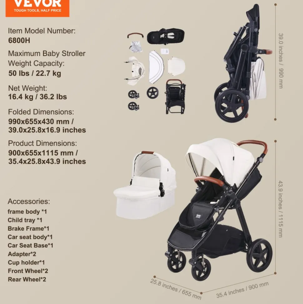 VEVOR Travel System Stroller with Infant Bassinet, 2-in-1 Baby Cradle Stroller Combo, Reversible Seat, Easy One-button Folding, EVA Tires with Brake Aluminum Stroller Carseat Combo Set (White)