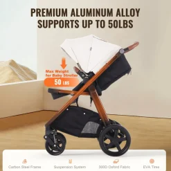 VEVOR Travel System Stroller with Infant Bassinet, 2-in-1 Baby Cradle Stroller Combo, Reversible Seat, Easy One-button Folding, EVA Tires with Brake Aluminum Stroller Carseat Combo Set (White)
