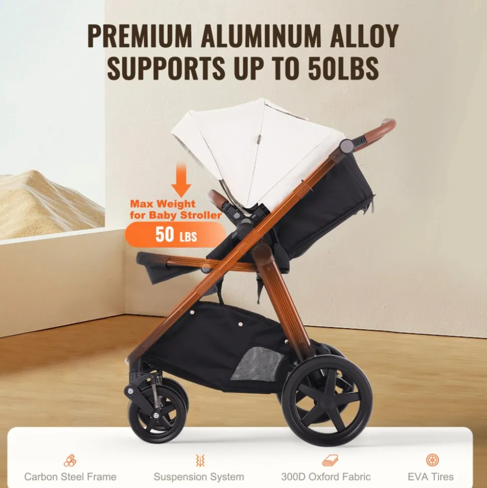 VEVOR Travel System Stroller with Infant Bassinet, 2-in-1 Baby Cradle Stroller Combo, Reversible Seat, Easy One-button Folding, EVA Tires with Brake Aluminum Stroller Carseat Combo Set (White)