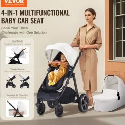 VEVOR Travel System Stroller with Infant Bassinet, 2-in-1 Baby Cradle Stroller Combo, Reversible Seat, Easy One-button Folding, EVA Tires with Brake Aluminum Stroller Carseat Combo Set (White)