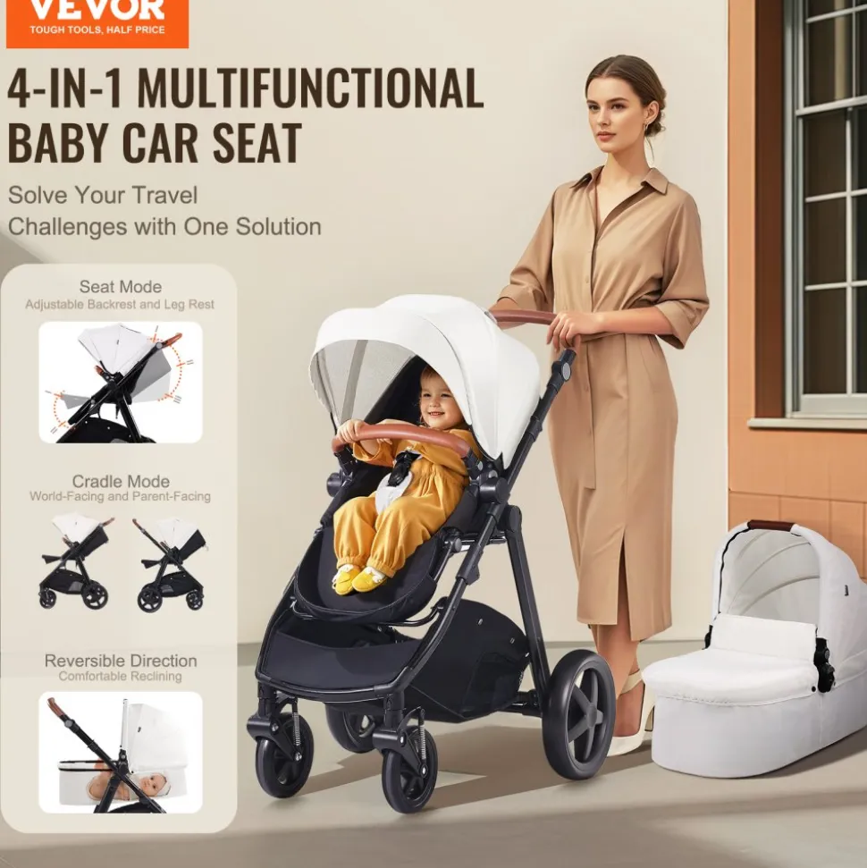 VEVOR Travel System Stroller with Infant Bassinet, 2-in-1 Baby Cradle Stroller Combo, Reversible Seat, Easy One-button Folding, EVA Tires with Brake Aluminum Stroller Carseat Combo Set (White)