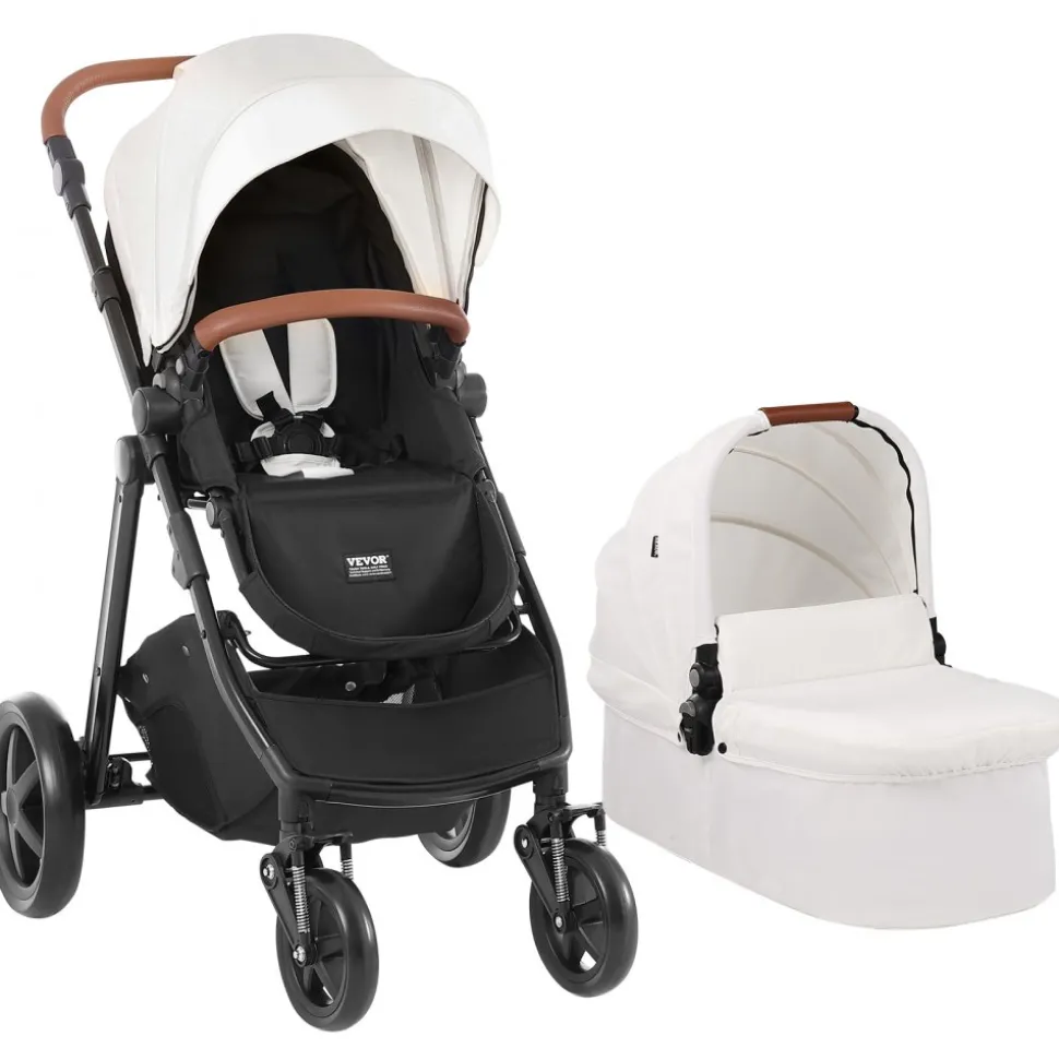 VEVOR Travel System Stroller with Infant Bassinet, 2-in-1 Baby Cradle Stroller Combo, Reversible Seat, Easy One-button Folding, EVA Tires with Brake Aluminum Stroller Carseat Combo Set (White)